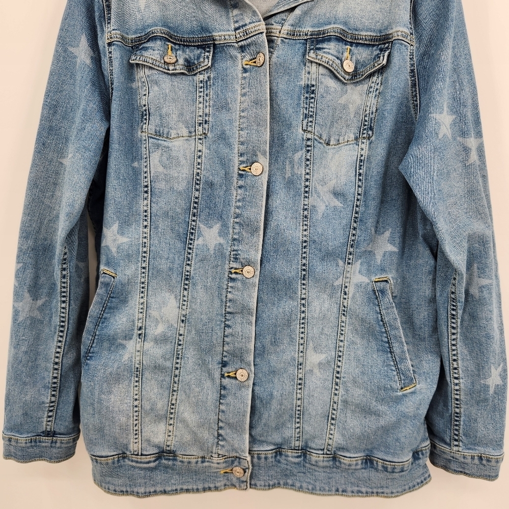 Lularoe Jaxon Denim Jacket Womens Size 3XL Blue Star Print Button Front Stretch - Picture 3 of 8